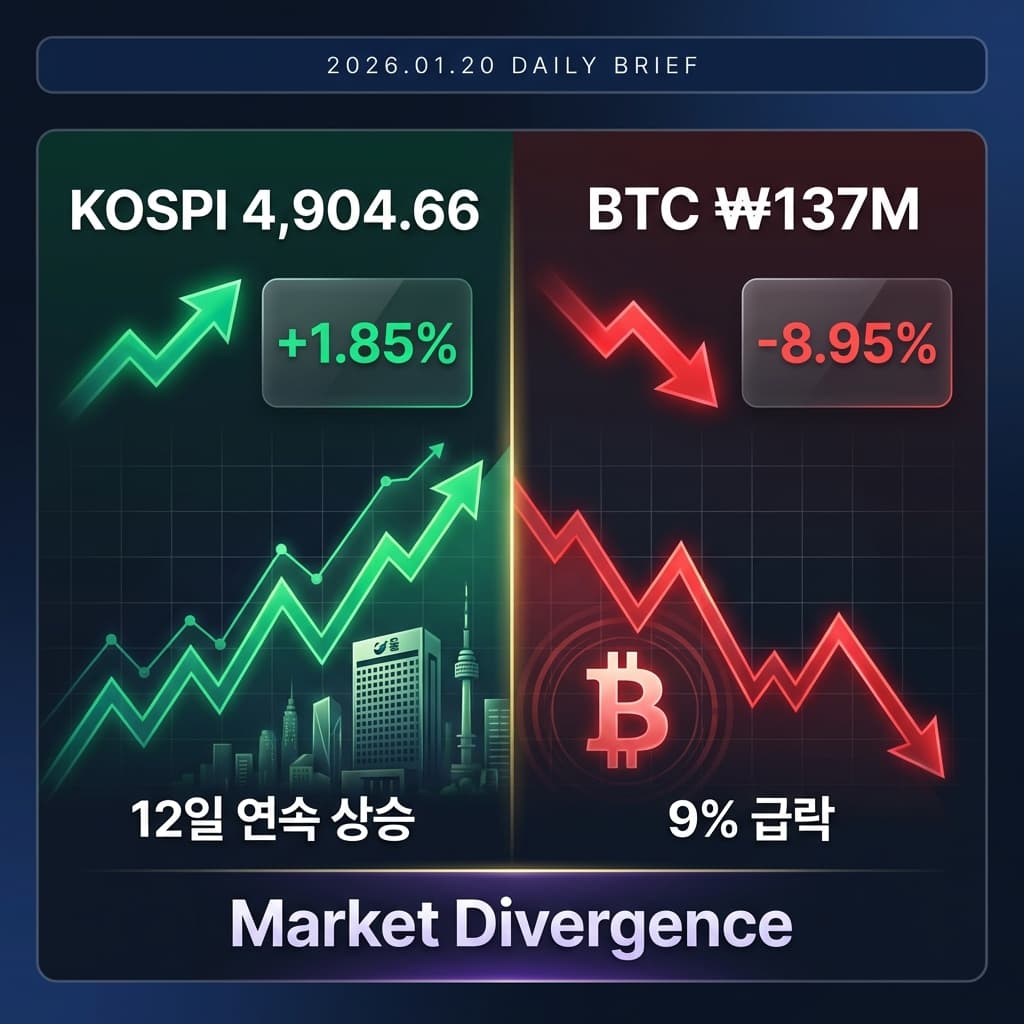 [1.20] 코스피 4,900 돌파 vs 비트코인 9% 급락